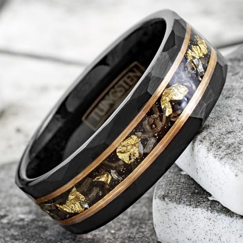 Beautiful 6mm/8mm Brushed Satin Finish Black Tungsten Carbide Faceted Flat Band Ring with Gold Leaf and Black Faux Meteorite Inlay between Rose Gold Stripes.2