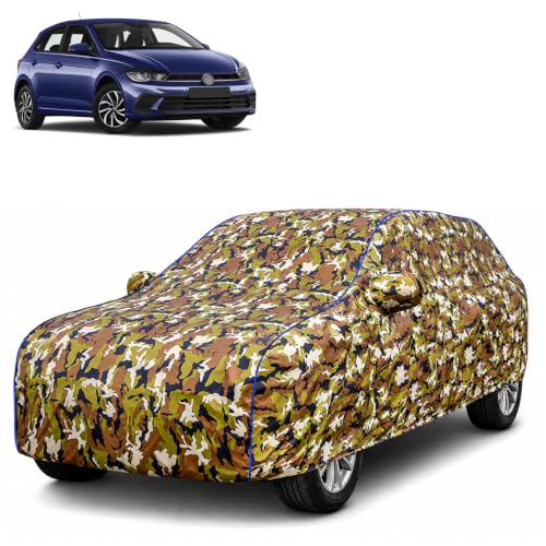 Image of Waterproof Car Body Cover for Volkswagen Polo with Mirror Pocket| Cotton Inner Lining | Triple Stitched | All Weather Protection | Dust, UV & Rain Proof (Camouflage with Blue Piping)