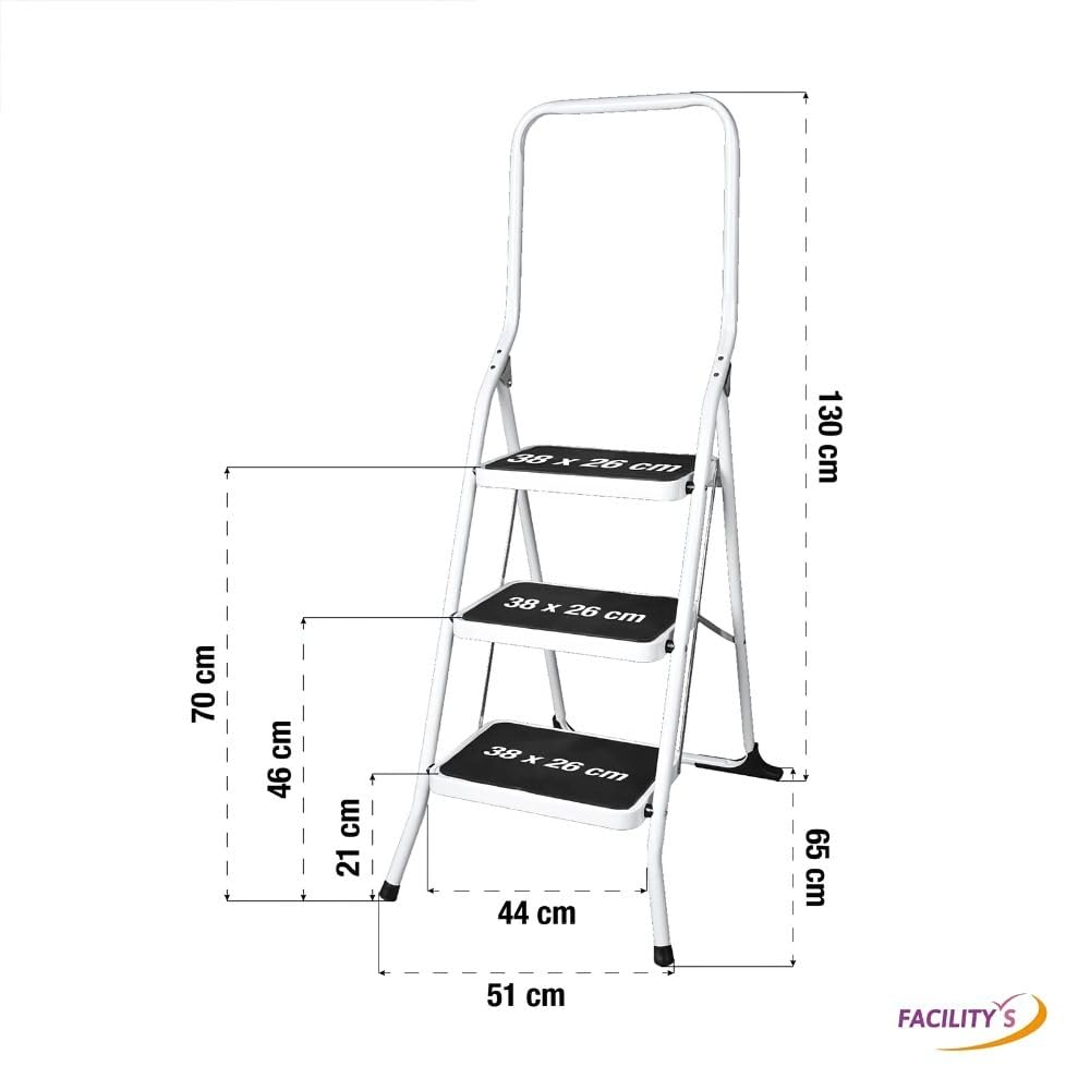 FACILITYS Escabeau 3 Marches Pliable en Acier - Marchepied Antidérapant avec Garde-Corps - Charge 150 kg - Échelle Domestique Stable pour Maison, Bricolage et Cuisine