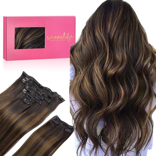 WENNALIFE Clip in Hair Extensions Real Human Hair, 24 Inch 160g 7pcs Balayage Dark Brown Mixed Chestnut Brown Remy Hair Straight Natural Extensiones De Cabello Humano Con Clip Ins