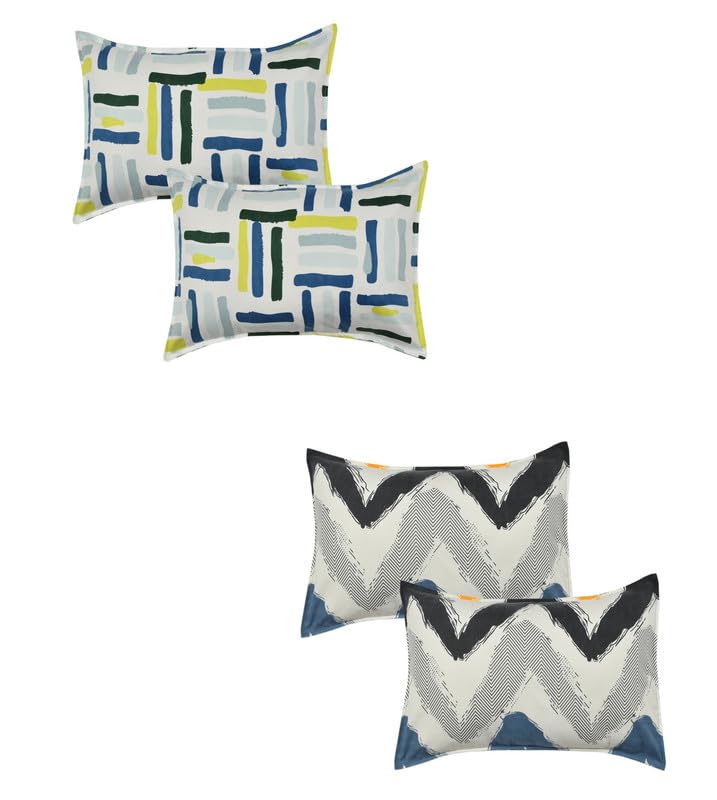 Image of Present Floral Designer Pattren Printed 4 Piece 100% Pure Cotton Pillow Cover Set- 20 inch X30 inch Inches, King Size - Green Blue & White