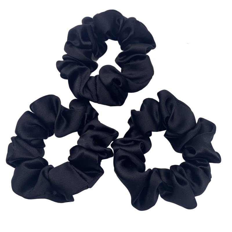 MAXFEEL 100% Pure Mulberry Silk Hair Scrunchie, 1 Count, Medium Size-Black 3PCS, Hair Ties For Women, Soft Scrunchy Hair Bands, Elastic Silk Ponytail