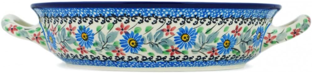 Polmedia Polish Pottery Round Baker with Handles UNIKAT - Flower Crown Pattern Handmade in Boleslawiec Poland by Ceramika Artystyczna + Certificate of Authenticity