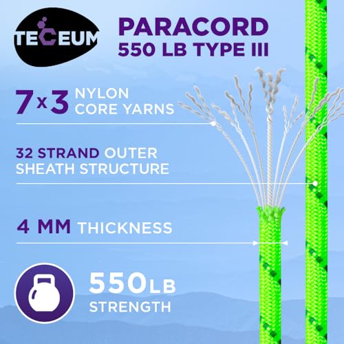 Image of TECEUM Reflective Paracord Rope 1000 - 1000ft /200ft /100ft /50ft - 40+ Colors - Glow in the Dark - para Cord - Utility Rope for Survival, Hunting & Camping Gear - Nylon String, Camping Rope, Tent Cord