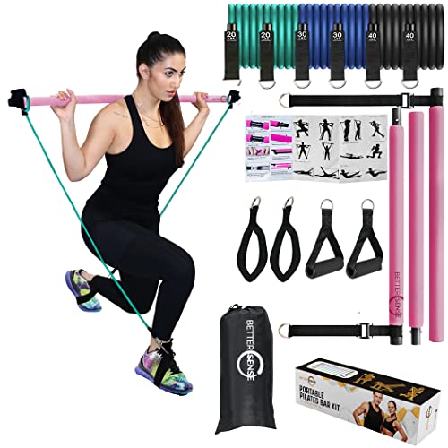 Upgraded Portable Pilates Bar Kit - Adjustable 46.5 Inches 3 Section Pilates Bar with Resistance Bands 20, 30, 40 Lbs. Home Workout Equipment for Women with 2 Foot & Hand Loops for Legs and Full Body