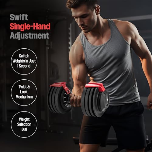 Image of Sparnod Fitness SAD 24 Adjustable Dumbbell,24kg with 12 Weight Increments (3-24kg), One-Hand Quick Adjustment Safety Lock & Storage Rack, Ergonomic Non-Slip Grip, Premium Steel Build