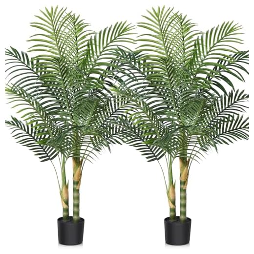 Kazeila Artificial Golden Cane Palm Silk Tree, 4FT Fake Tropical Palm Plant, Pre Potted Faux Greenry Plant for Home Decor Office House Living Room Indoor Outdoor, Set of 2