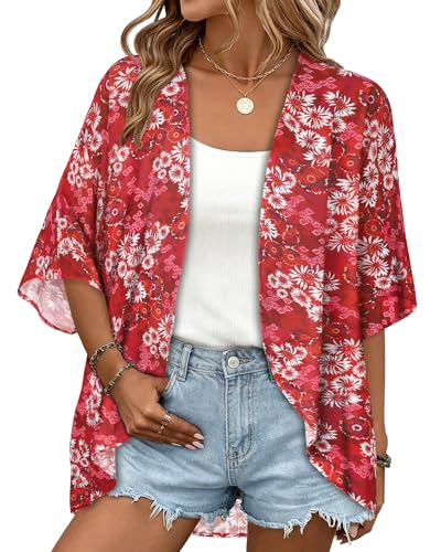 Image of Women Kimono Cardigans Casual Summer Tops Cover up Open Front Floral Print Resort Wear 2026