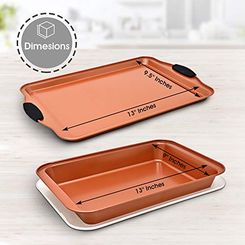 Baking Sheet 4 Piece Set Nonstick Copper Carbon Steel Oven Bakeware Kitchen Set With Silicone Grips, Includes 2X 9X13" Cookie Sheets, 9X13" Baking Pan With Plastic Lid By Perlli #TOP2