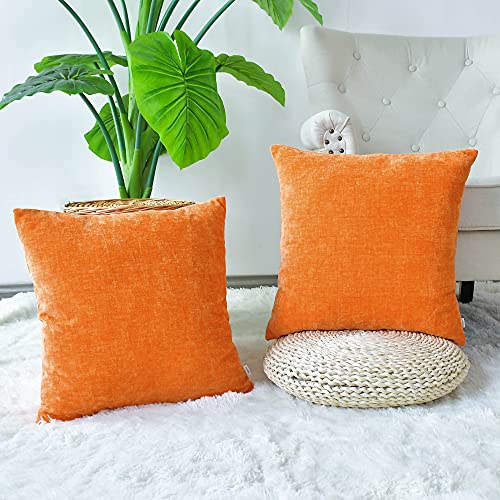 Image of CaliTime Pack of 2 Cozy Throw Pillow Covers Cases for Couch Sofa Home Decoration Solid Dyed Soft Chenille 18 X 18 Inches Bright Orange