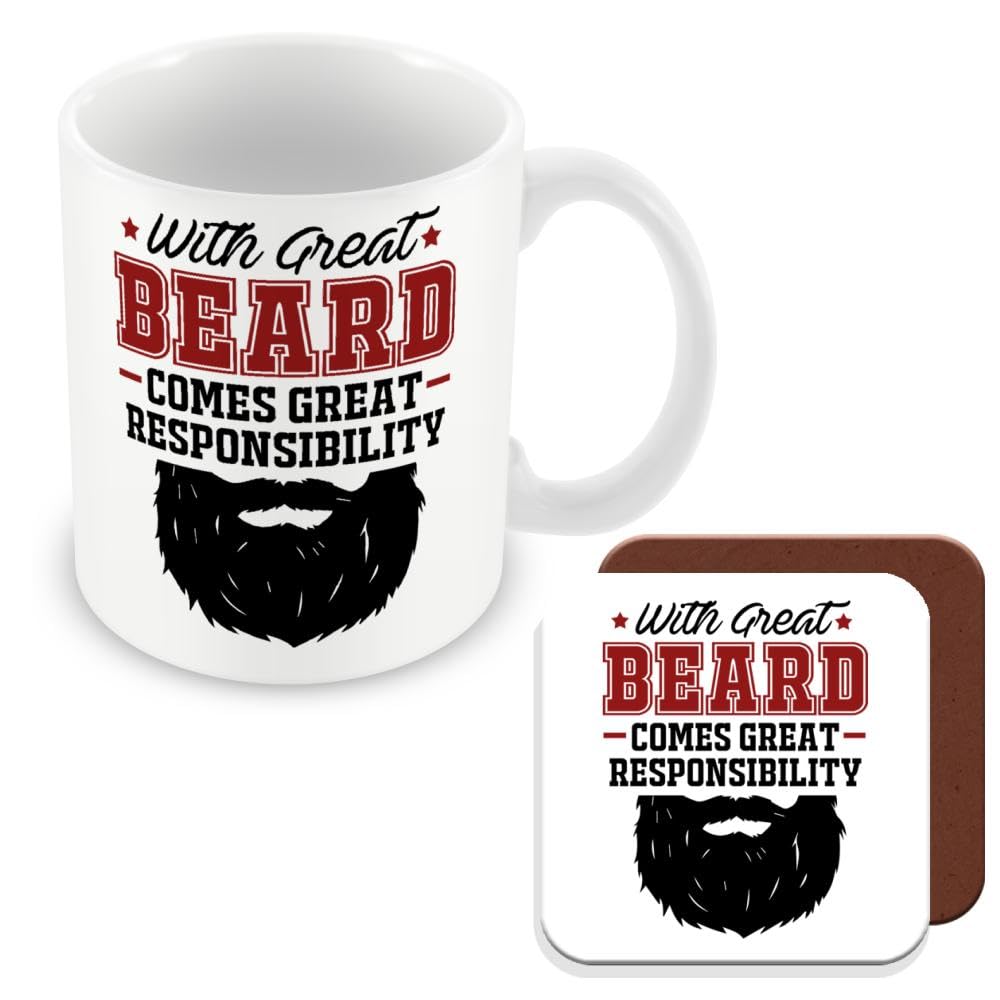 MUGGZ Mug & Coaster Gift for Man with Beard - with Great Beard Comes Great Responsibility - Giftset - Made in The UK