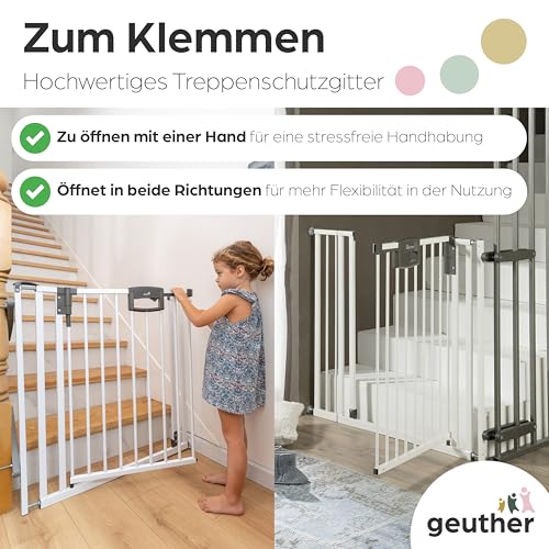 Geuther Treppenschutzgitter Easylock Plus | Türschutzgitter ohne Bohren inkl Klemmen | Breite 84,5-92,5 cm | Türgitter Baby Holz-Metall | Kinderschutzgitter beidseitig öffnend | Kindersicherung | Weiß