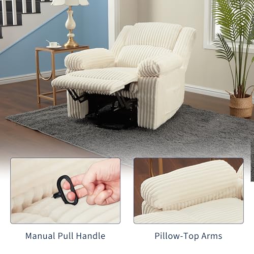 Image of Garvee Corduroy Recliner Chair, Manual Recliner Sofa with Handle, Pillow Top Arms, Thick Padding, Side Pocket, 330Lbs Capacity, Adjustable Recliner for Living Room, Bedroom, Home Theater, White