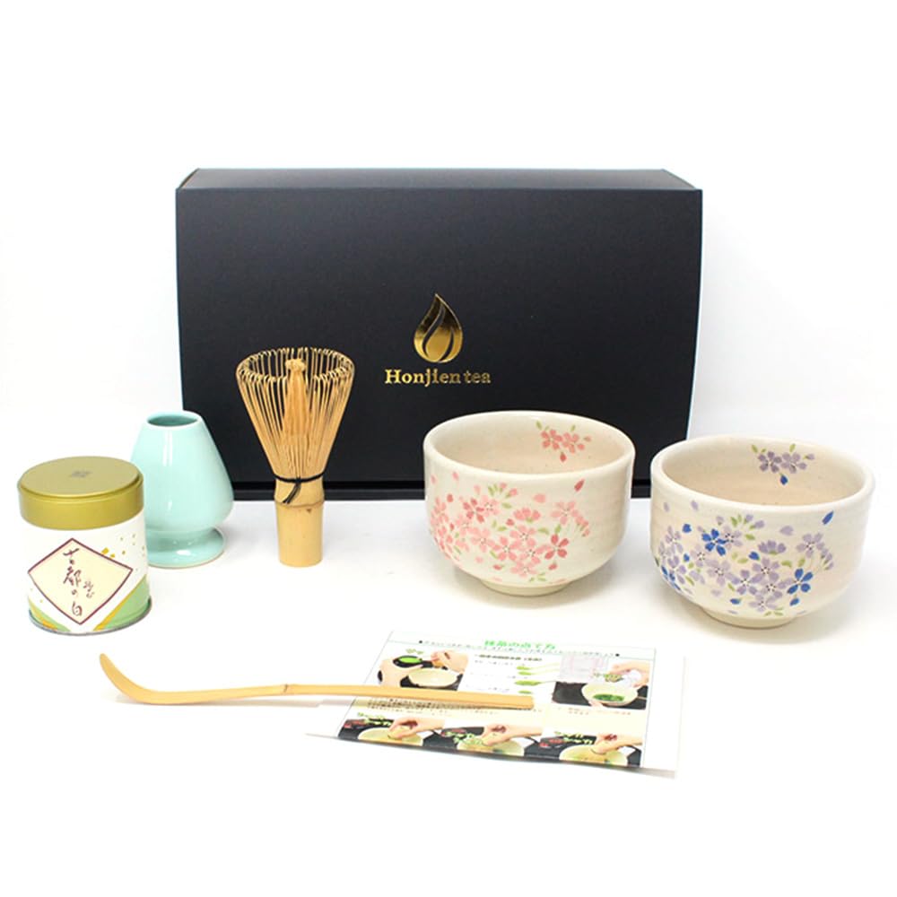 Honjien Matcha Tea Set, Tea Utensils, Set for 2 People, Number 3, Sakura Shizuku Set, Matcha Tea Z / La / Gift Present : Home & Kitchen