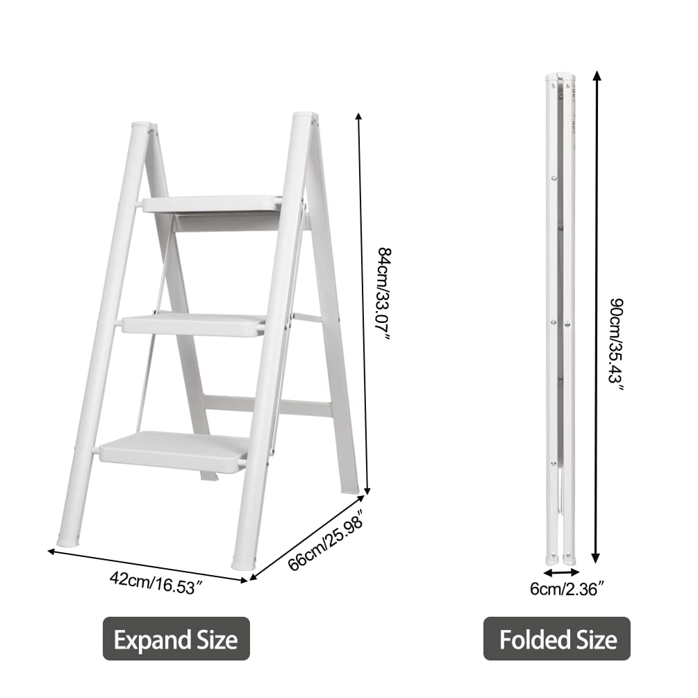 BAOYOUNI Scaletta Pieghevole Leggera e Portatile Scala Domestica 20 cm Pedale Largo Sgabello Antiscivolo Multiuso per Casa Cucina Ufficio Esterno, Portata massima 150 kg (3 Gradini, Bianco)
