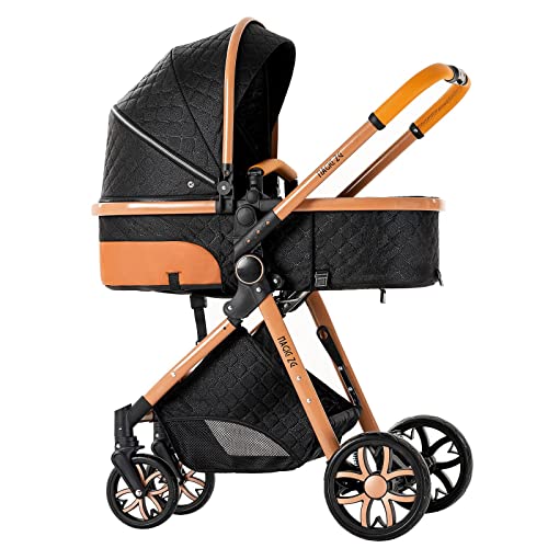 Standaardbuggy's Kinderwagen 3 in 1 Hoge Landschap Kinderwagen Liggende Kinderwagen Opvouwbare Kinderwagen Babywieg Pasgeboren Kinderwagen (Zwart Goud) - Afbeelding 4