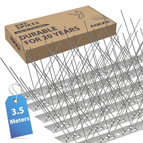 AOKKR Bird Spikes 3.5M Stainless Steel Pigeon Spikes Humane Spring/Summer Bird Deterrent for Pigeons Seagulls Weather-Resistant Anti-Bird Spikes for Roofs Gutters Fences Window Sills 14 Pack