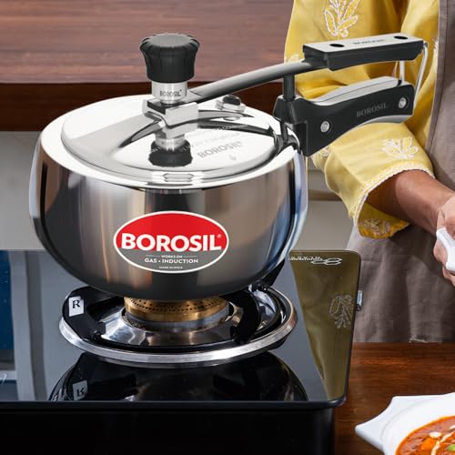 Image of Borosil Triply Pressure Cooker | SS304 Food Grade Stainless Steel | Even Heat Distribution | Gas Stove & Induction Compatible | Dishwasher Safe | 5 Years Warranty (1.5 L, Outer Lid)