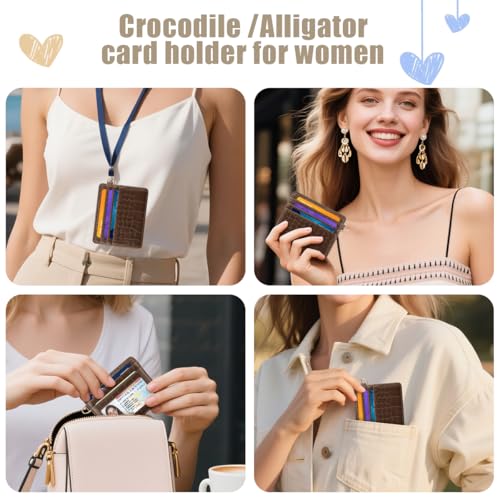 Image of Slim Credit Card Holder Crocodile Wallet Women Thin Wallets | Alligator Print RFID Blocking Minimalist Lightweight Pocket Small Cute Cards Holders ID Window, Coffee Croc