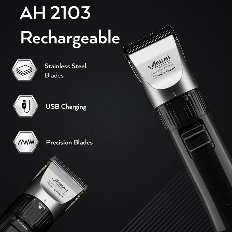 Image of ASBAH Professional Rechargeable Hair Clipper for Men- High-Efficiency Precision Blades, Adjustable Taper Lever, 4 Guide Combs, Cordless Grooming & Hair Cutting Machine