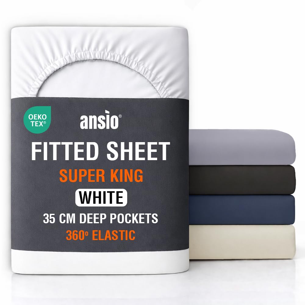 ANSIO® Super King Fitted Sheet Soft Brushed Microfibre Fabric – Deep Pocket 35cm – All-Around Elastic – OEKO-TEX Certified – Easy Care & Naturally Smooth After Wash - White