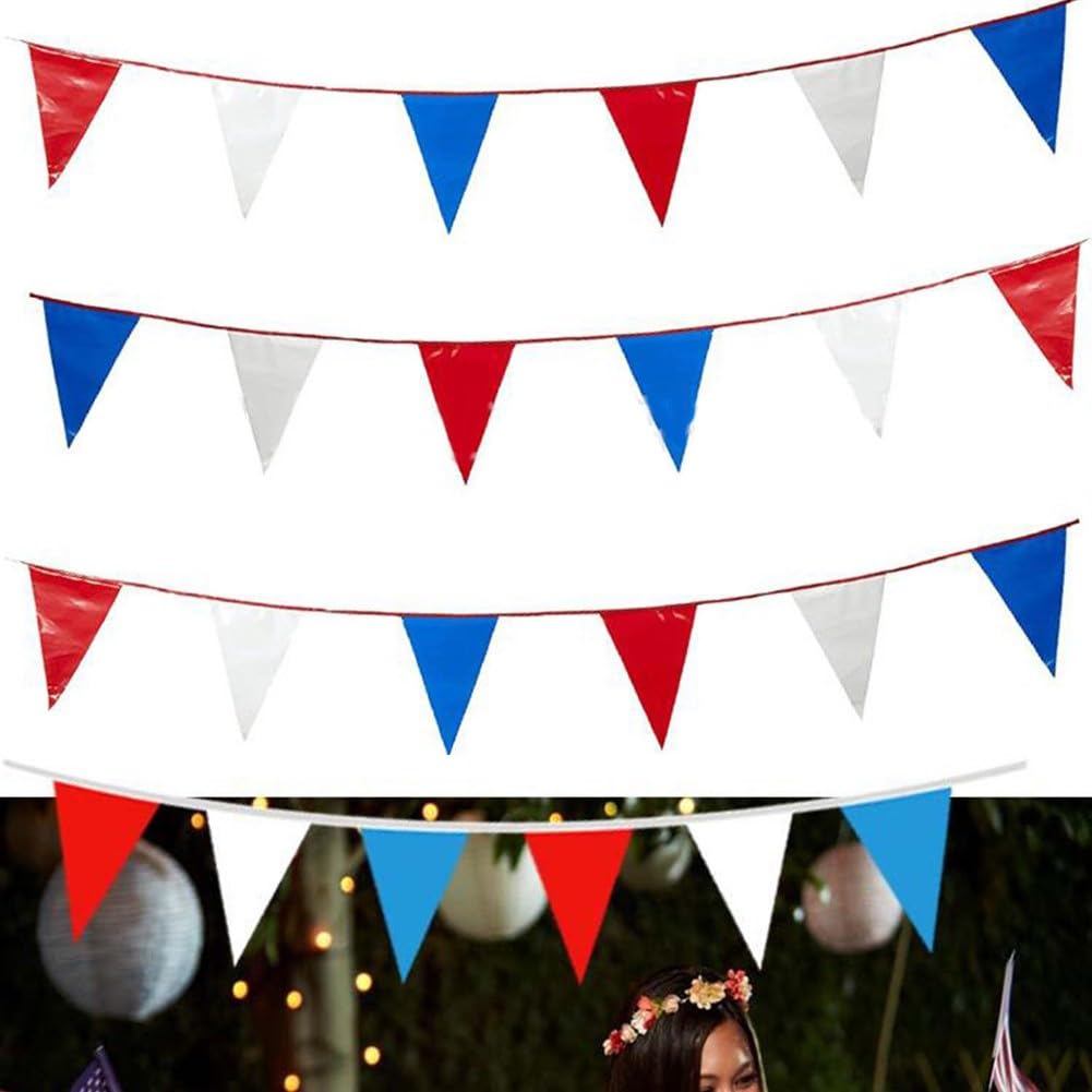 50 Flaggen 18 m Wimpelkette, rot, blau, weiß, Dreiecksflaggen, Wimpelbanner für Krönung, Hochzeit, Geburtstag, Party, Zuhause, Festival, Gartendekoration