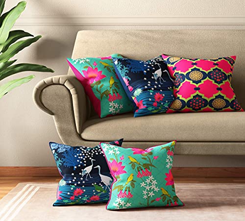 Image of India Circus by Krsnaa Mehta Blooms & Swans Multicolor Satin Blend Cushion Pillow Covers Set of 5 (16 x 16 Inches)
