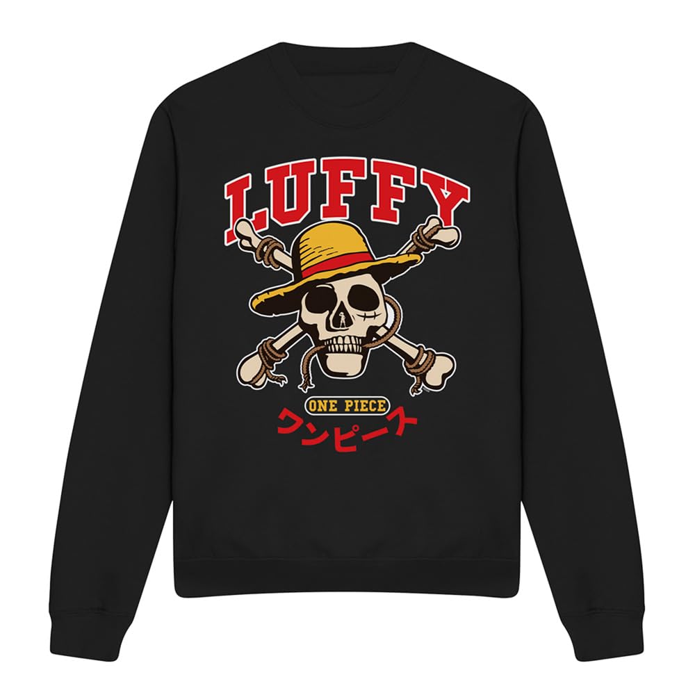 One Piece Luffy Collegic Skull Unisex Sweatshirt, Black, Small