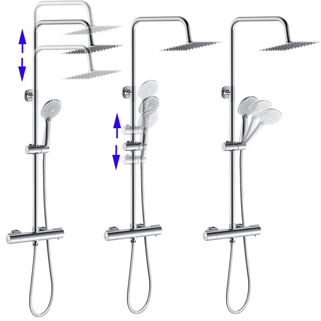 Colonna Doccia, OCEAN ITALY, Doccia Rubinetteria con Miscelatore Termostatico, Asta Regolabile74-117cm, Soffione Doccia Quadrato20x20cm Acciaio inox con Doccetta 3 Getti Rubinetto 40mm per Box Doccia