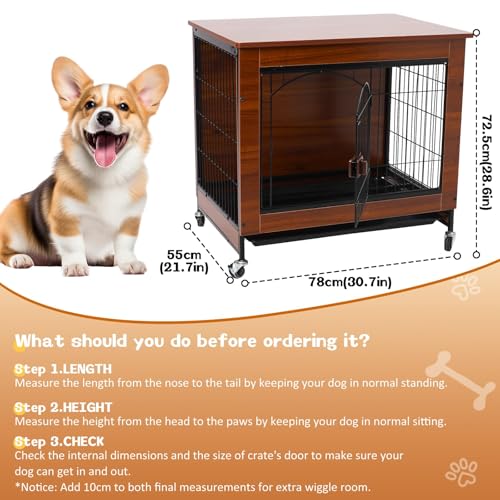 Hundekäfig Möbel, 78cm Moderner Holz-Hundebox Indoor, Multifunktionaler Hundehaus für Zuhause mit Laufrollen & Abnehmbarer Schale, Geeignet für kleine/mittelgroße Hunde, 78x55x73 cm, Vintagebraun
