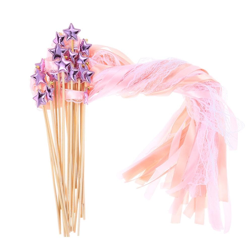 24 Pack Fairy Wands, Ribbon Lace Fairy Wands with Bells, Decorative Silk Stick with Streamers for Wedding Birthday Party, Pretty Pentagram Ribbon for Girls