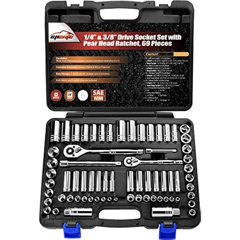 EPAuto 69 Pieces - 1/4" & 3/8" Drive Socket Set with Pear Head Ratchet, Chrome (92-824) Cover