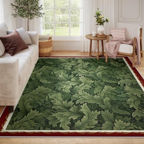 Tapis 200x300cm feuilles vintage lavable poil bas vert - 6