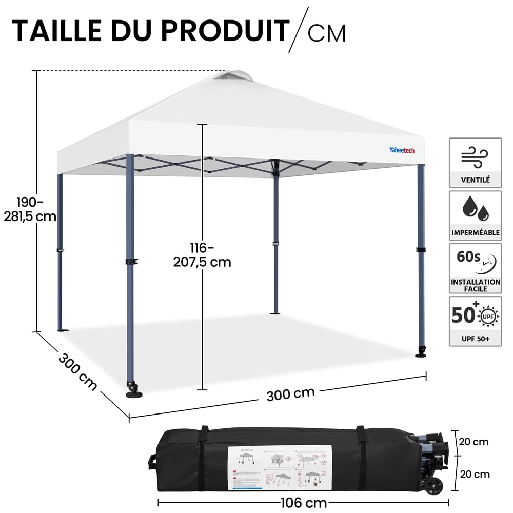 Yaheetech Tonnelle de Jardin 3x3, Tente d'Extérieur Pop-up UV 50+ avec Sac de Transport à roulettes Blanc