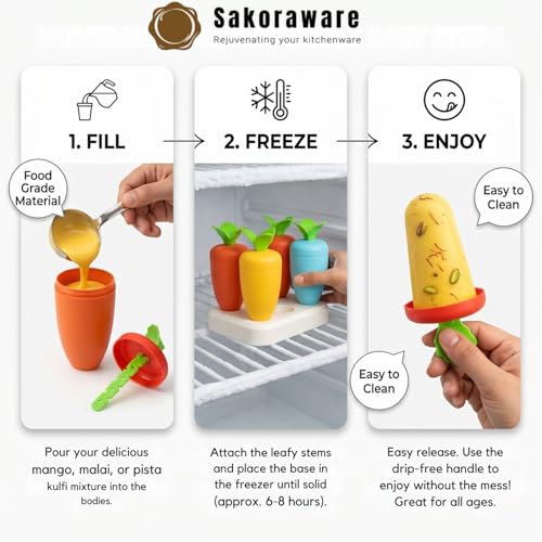 Image of Sakoraware 6 Pcs Kulfi Maker Mould Set with Stand Reusable Ice Cream Popsicle Mold BPA Free Food Grade Pop Mold Homemade Frozen Treat & Dessert Maker