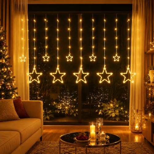 Image of Desidiya Star Curtain LED String Lights for Decoration | 120 Warm White | SMD LEDs | 10 Hanging Drops | 8 Lighting Modes | Waterproof Curtain Fairy Lights for Diwali, Christmas & Home Decor (11 Ft)