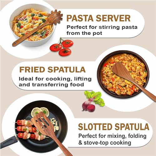 Image of FJNATINH Wooden Spoons for Cooking, 10 Pcs Teak Wooden Cooking Utensil Set with Holder, Wooden Kitchen Utensils Set for Nonstick Pans & Cookware
