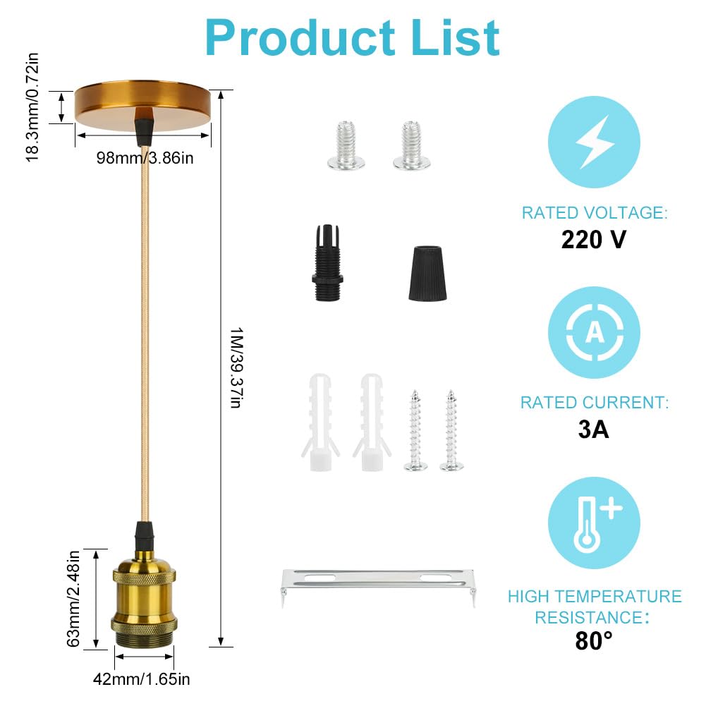 AUAUY Vintage Pendant Light Fitting, Metal E27 Lamp Holder for Ceiling Pendant Light with 90CM Adjustable Cable - Image 2