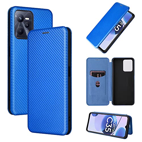 Luxury Carbon Fiber flip Cover Oppo Realme C35 Realme C 35 Phone Cases Lanyard Stand Wallet Card Slots Holder Accessories Realme C35 Leather case (Blue,Oppo Realme C35)