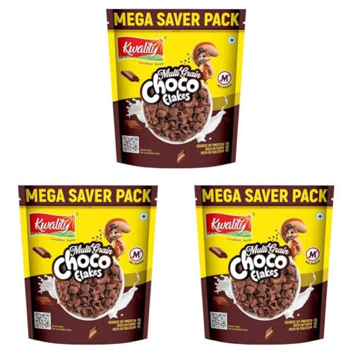 Image of Kwality Choco Flakes 1.2 Kg | Crispy, Wholesome Cereal Made with Whole Wheat | Zero Maida and No Preservatives | Packed with Fiber, Protein (Pack of 3)