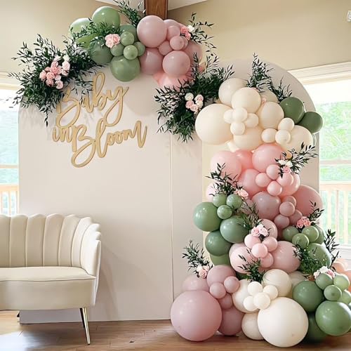 Image of Baby in Bloom Balloon Arch Kit 139Pcs Dusty Pink and Sage Green Balloons White Sand Balloon Garland for Boho Baby Shower Wedding Bride Anniversary Birthday Bridal Bear Theme Decorations