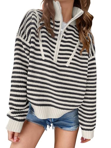 Image of ANRABESS Sweaters for Women Striped Half Zip Long Sleeve Ribbed Knit Pullover Comfy Casual Lightweight Tops 2026 Fall Fashion