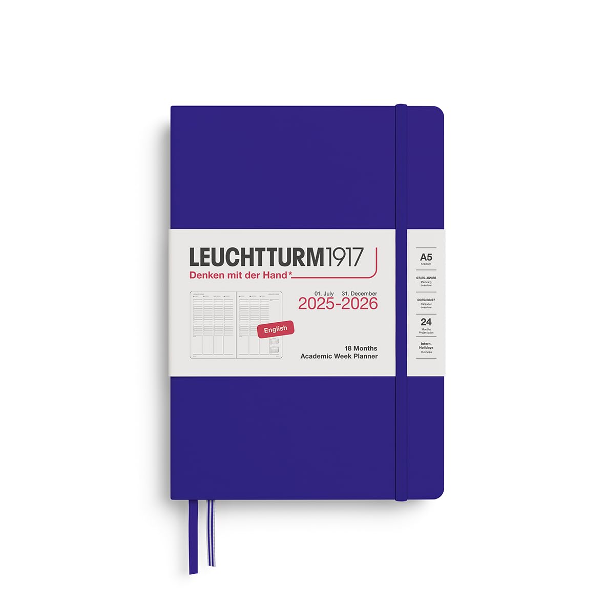 LEUCHTTURM1917 372820 Akademischer Wochenplaner Medium (A5) 2026, 18 Monate 07.2025-12.2026, Sky, Englisch