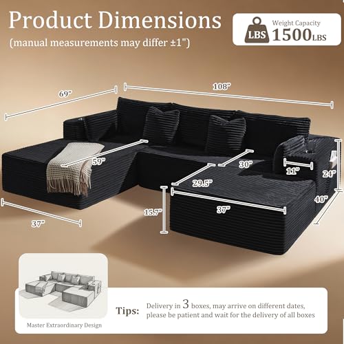 Image of 108 inch Cloud Sectional Couch, Comfort U Shaped Boneless Couch for Living Room, Extra Deep Seats No Assembly, Minimalist Modular Sofa, Corduroy (Black, 2 Seater + Right Facing Chaise + Ottoman)