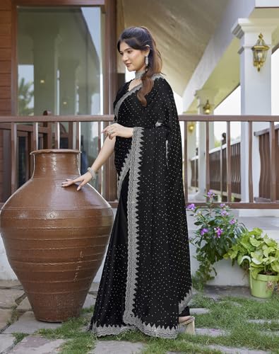 Image of Yashika Women's Hot Fix Work and Solid Color Satin Moss Saree With Unstitched Blouse Material