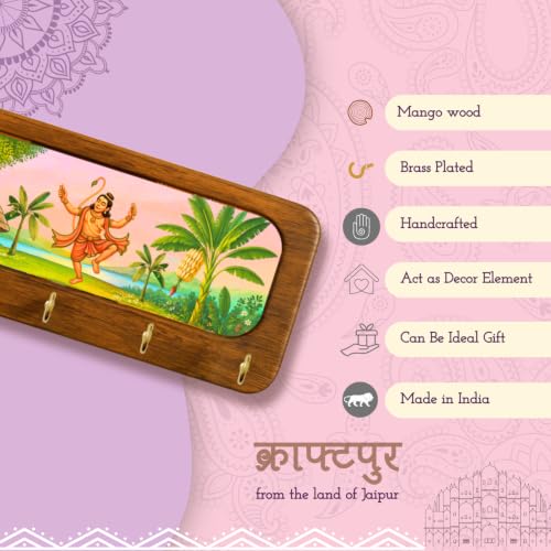 Image of Stylish Wooden Key Holder for Wall | Cute Key Holder for Home Decor | Key Holder Stand with 5 Hooks | Wall Mounted Key Hanger| (Hanuman Ji)