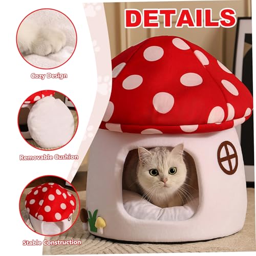 Lit pour chat en forme de champignon doux et chaud panier design vache amovible - 5