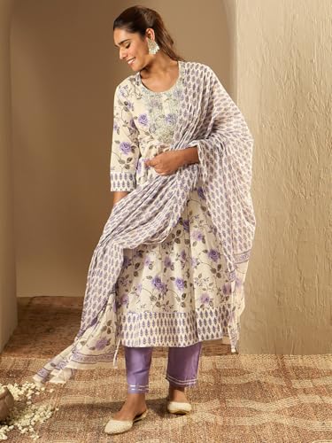 Image of INDO ERA Women's Off White Pure Cotton Embroidered A-Line Kurta & Pant with Dupatta Set (IESTR5362)
