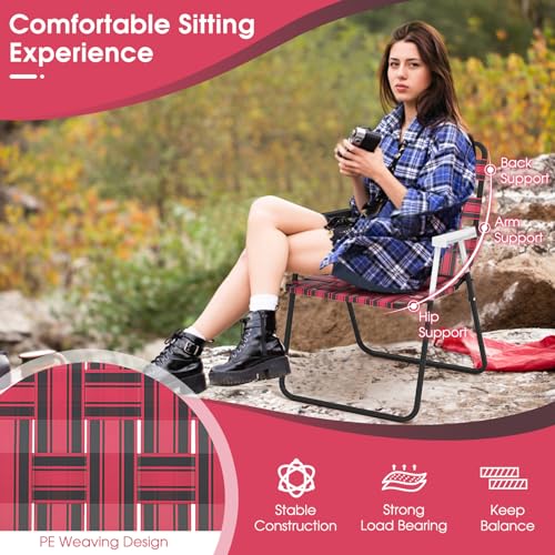 Image of Giantex 2-Pack Beach Chairs for Adults, Camping Chair with Steel Frame, Webbing Design, Lightweight Folding Directors Chair for Outdoor, Patio, Fishing, Yard, Poolside Lawn (Red)