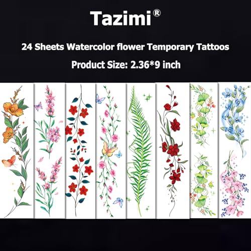 Tazimi Watercolor Temporary Tattoos For Women Girls-24 Sheets Colorful Flower Lavender Rose Vine Forget-Me-Not Plum Blossoms Wild Flowers Realistic Waterproof Tattoo Stickers Body Art thumb #4